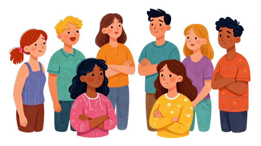 Illustration%20of%20a group of friends laughing together, while one person looks bored or uninterested, colorful and playful style