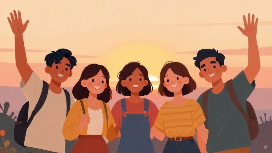 Illustration%20of%20a group of friends smiling and waving at sunset, warm colors