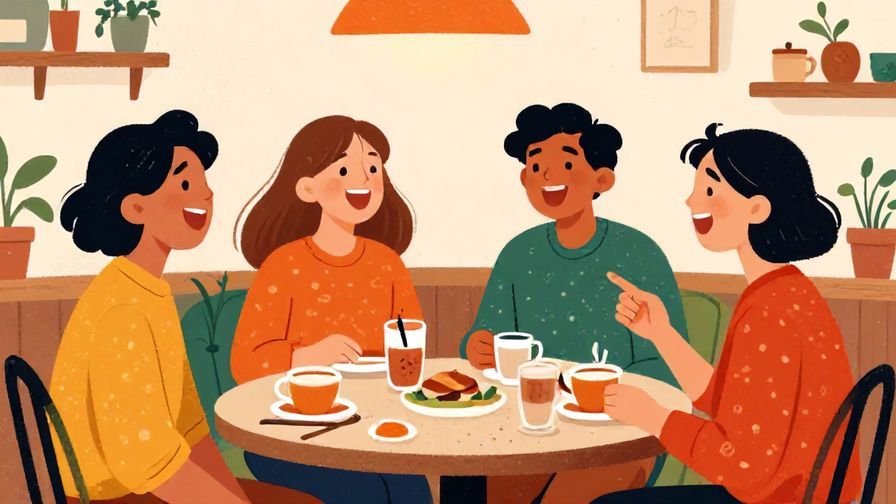 Illustration%20of%20a group of friends spontaneously laughing and hanging out in a cozy café, vibrant colors, illustrated style