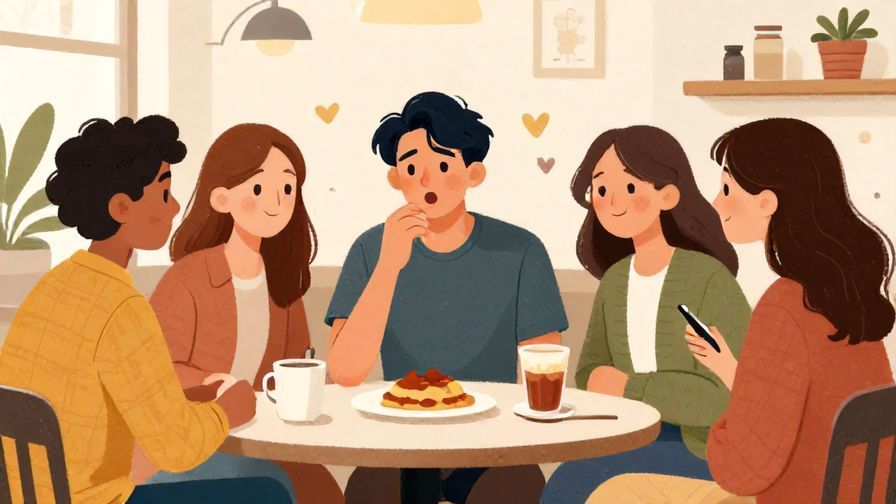 Illustration%20of%20a group of friends teasing one person who looks confident, lively cafe setting, illustrated style