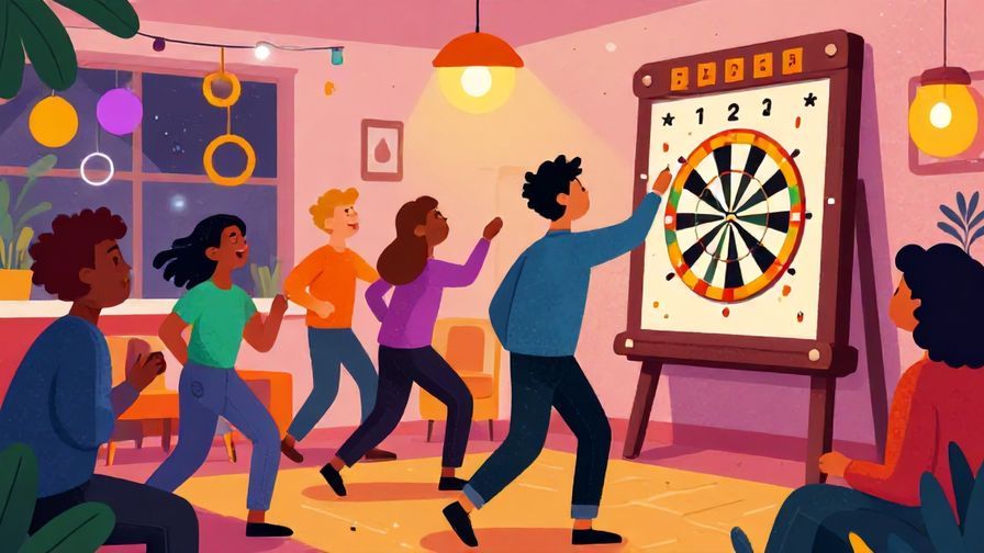 Illustration%20of%20a group of friends throwing darts at a board for fun, lively and colorful party atmosphere, detailed background, vibrant colors, illustrated style