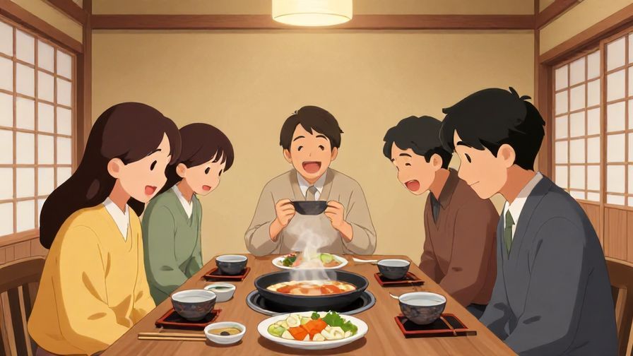 Illustration%20of%20a group of people finishing a meal together, bowing politely with happy expressions inside a traditional Japanese dining room.
