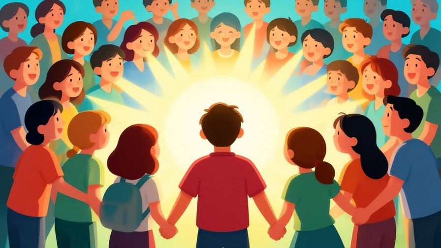 Illustration%20of%20a group of people holding hands looking at a bright horizon, hopeful faces. Bright, uplifting colors, illustrated style