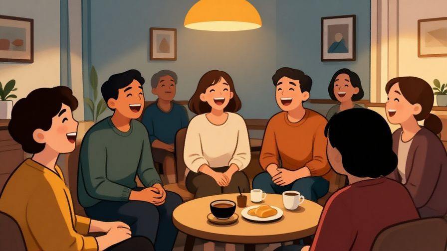 Illustration%20of%20a group of people laughing together reminiscing, cozy room with warm lighting, illustrated style