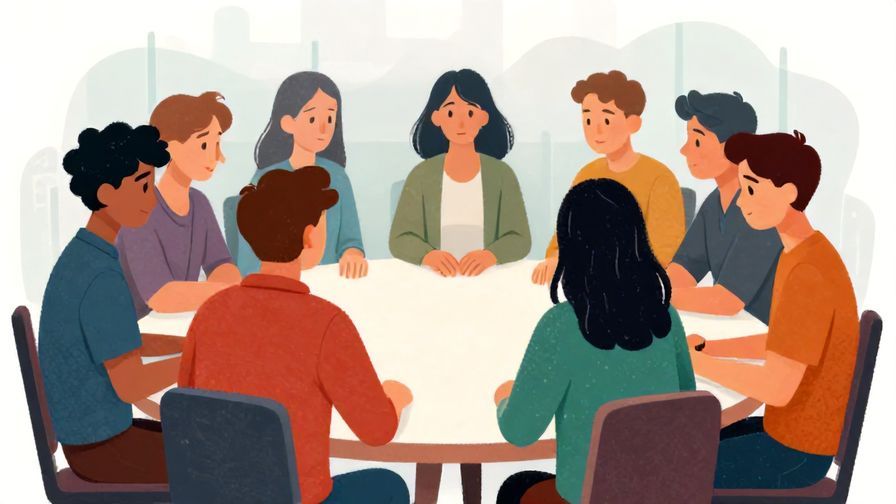 Illustration%20of%20a group of people sitting silently around a table, looking tense, with visible heavy air or fog around, vibrant colors, illustrated style