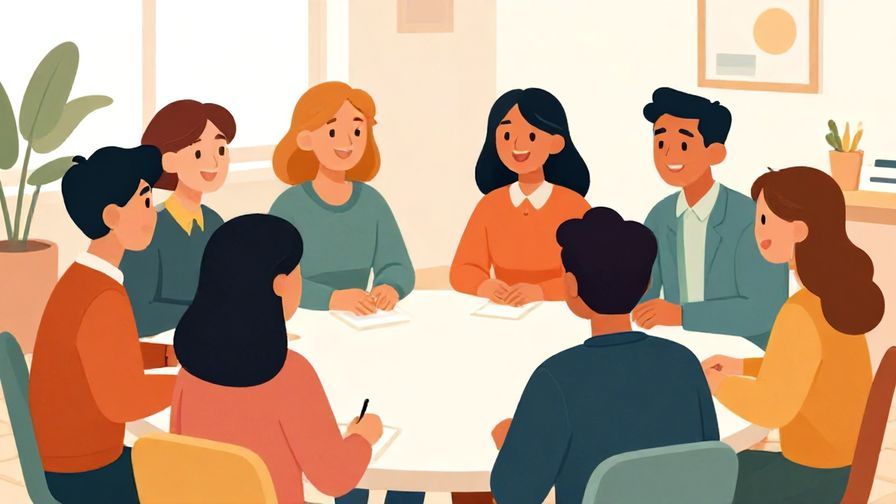 Illustration%20of%20a group of people smiling and connecting warmly in a meeting or social event, bright colors and harmonious vibe