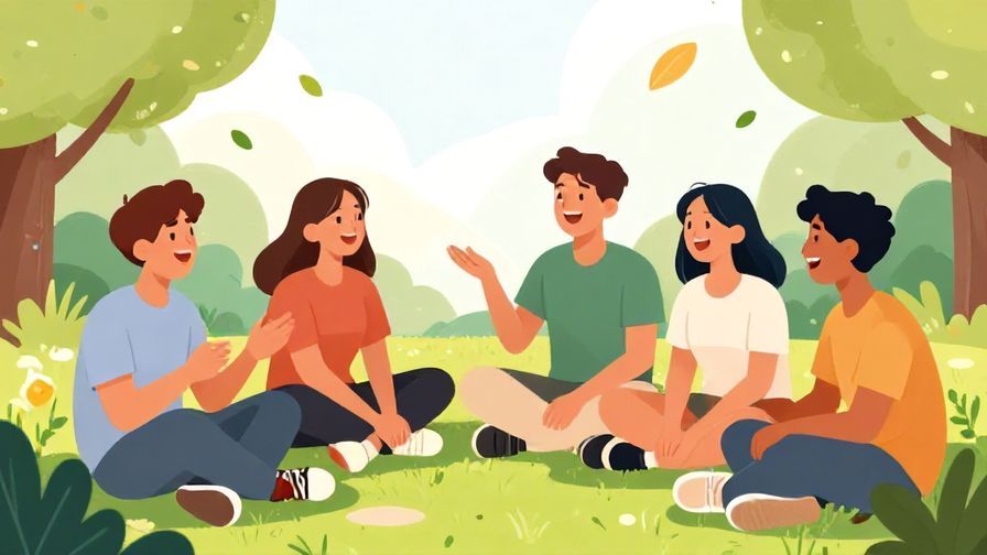Illustration%20of%20a group of teenagers laughing and chatting casually in a park with floating leaves and abstract shapes