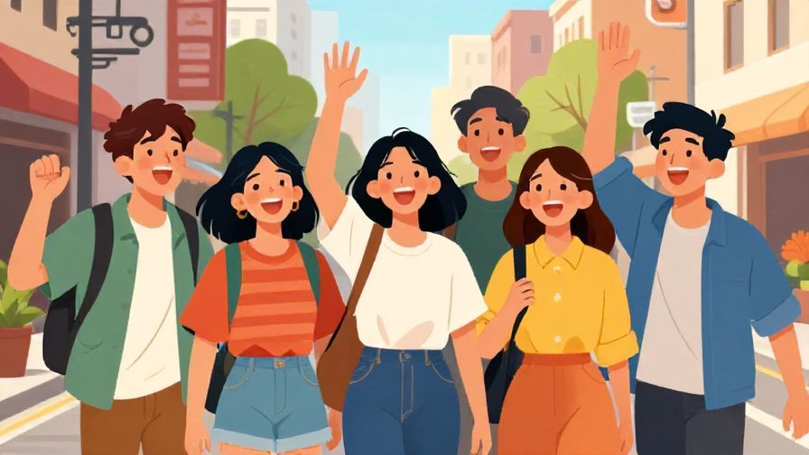 Illustration%20of%20a group of teenagers laughing and waving casually on a city street%2C%20vibrant%20colors%2C%20illustrated%20style
