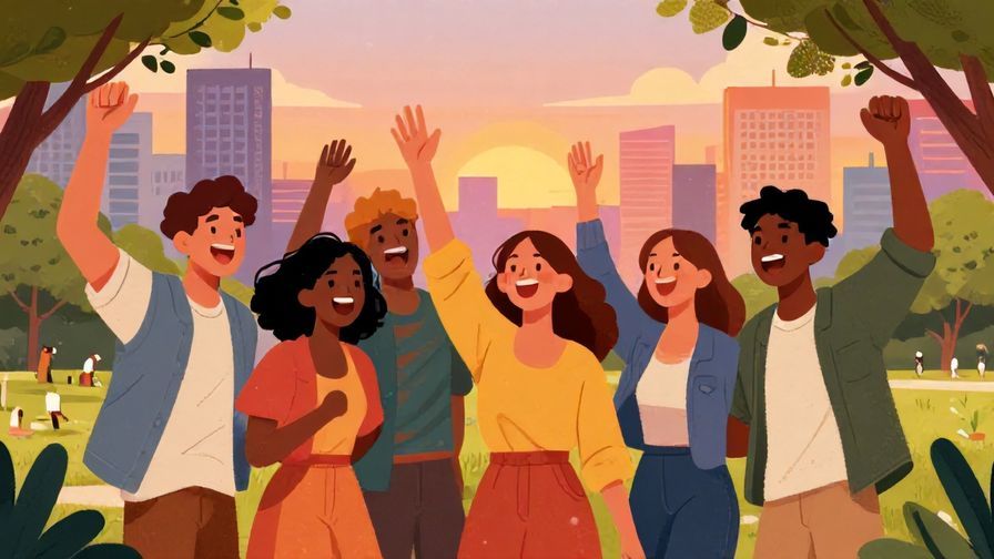 Illustration%20of%20a group of young friends laughing and waving energetically, city park at sunset, vibrant colors, illustrated style