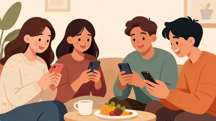 Illustration%20of%20a group of young friends laughing and exchanging messages on smartphones, cozy indoor setting
