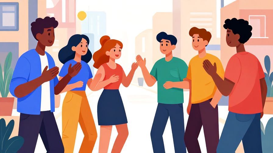 Illustration%20of%20a group of young people enthusiastically agreeing with each other, vibrant colors, urban casual setting