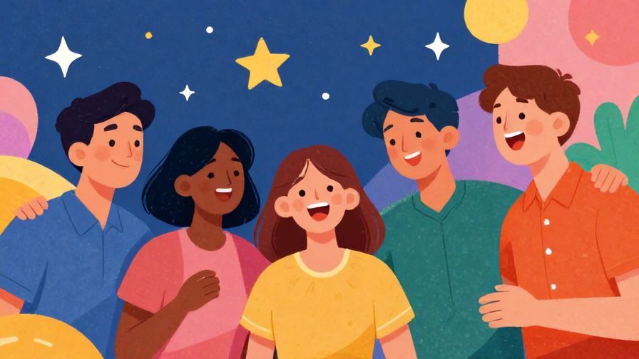 Illustration%20of%20a group of young people laughing and agreeing enthusiastically, with bright stars and abstract shapes in the background, illustrated style