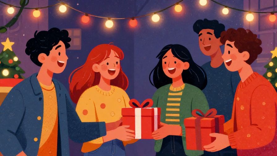 Illustration%20of%20a group of young people laughing and exchanging gifts with Christmas lights in the background, vibrant and lively colors, illustrated style