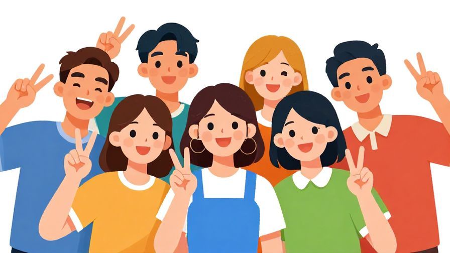 Illustration%20of%20a group of young people posing with peace signs and big smiles before a photo, vibrant and fun colors