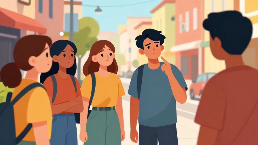 Illustration%20of%20a group of young people talking with one person looking annoyed and pointing subtly at a distant figure, urban street background, vibrant colors, illustrated style