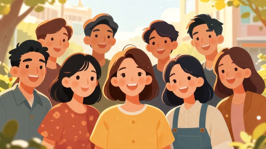 Illustration%20of%20a group photo where everyone is smiling brightly, with warm sunlight and cheerful atmosphere