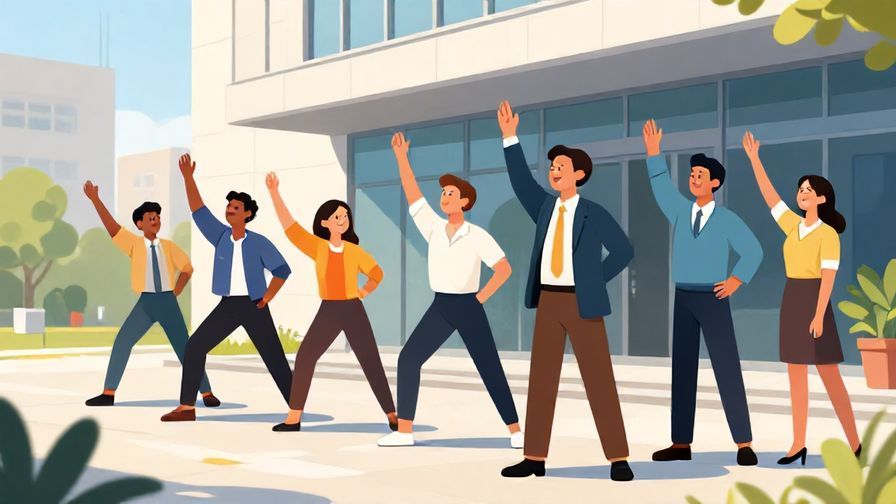 Illustration%20of%20a group%20of colleagues%20stretching%20and%20smiling%20outside%20an%20office%20building%20in%20sunny%20weather%2C%20illustrated%20style