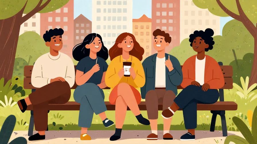 Illustration%20of%20a group%20of friends%20laughing%20and%20lounging%20on%20a%20bench%20in%20an%20urban%20park%20with%20playful%20expressions%2C%20illustrated%20style