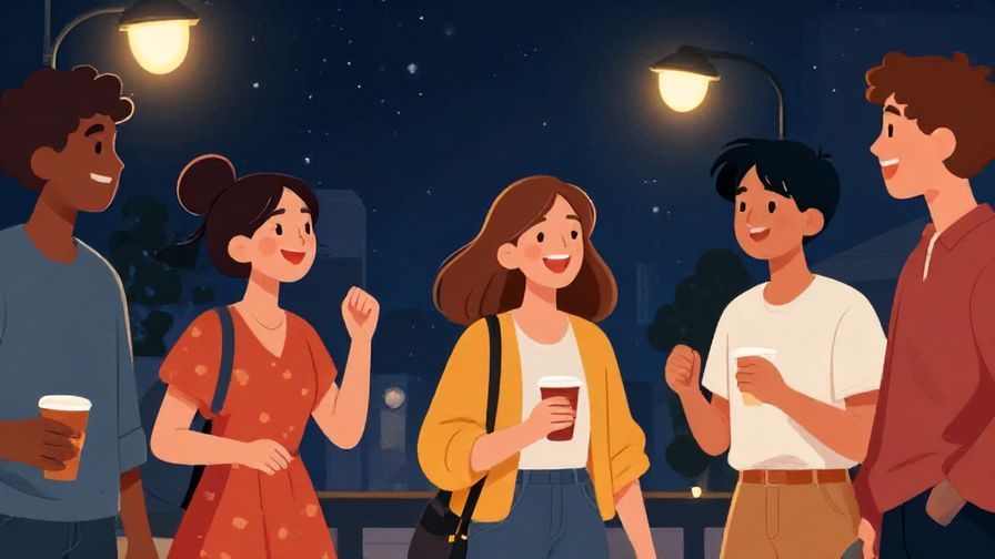 Illustration%20of%20a group%20of friends%20laughing%20and%20chatting%20at%20night%20under%20streetlights%2C%20vibrant%20colors%2C%20illustrated%20style