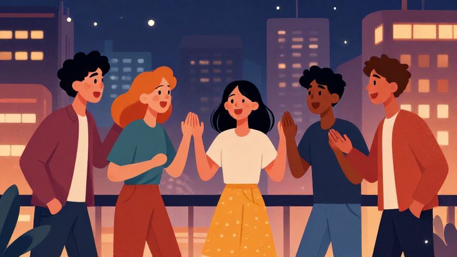 Illustration%20of%20a group%20of friends%20realizing%20the%20time%20and greeting%20each%20other%20excitedly%20in%20a%20city%20nightscape%2C%20vibrant%20colors%2C%20illustrated%20style