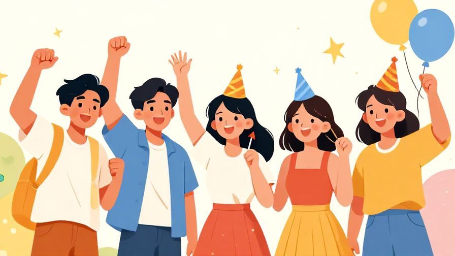 Illustration%20of%20a group%20of%20friends%20cheering%20and%20holding%20birthday%20party%20props%2C%20bright%20vibrant%20colors%2C%20illustrated%20style