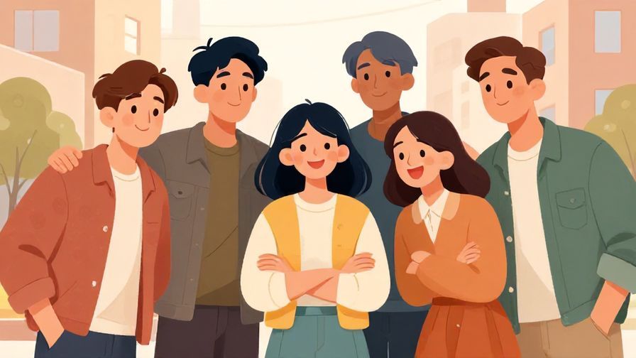 Illustration%20of%20a group%20of%20friends%20huddling%20with%20enthusiasm%20and%20smiles%2C%20casual%20urban%20setting%2C%20illustrated%20style