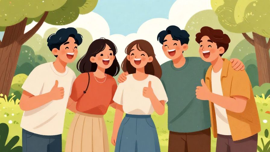 Illustration%20of%20a group%20of%20friends%20laughing%20together%20with%20thumbs%20up%20in%20a%20park%20setting%2C%20vibrant%20colors%2C%20illustrated%20style