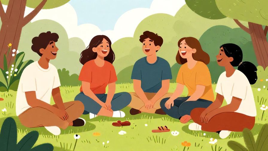 Illustration%20of%20a group%20of%20friends%20laughing%20and%20chatting%20in%20a%20park%20with%20relaxed%20expressions%2C%20vibrant%20colors%2C%20illustrated%20style