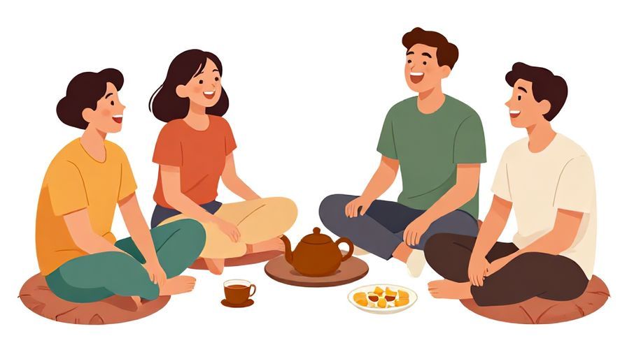 Illustration%20of%20a group%20of%20friends%20laughing%20and%20relaxing%20on%20a%20cushioned%20floor%20with%20tea%20and%20snacks%2C%20illustrated%20style
