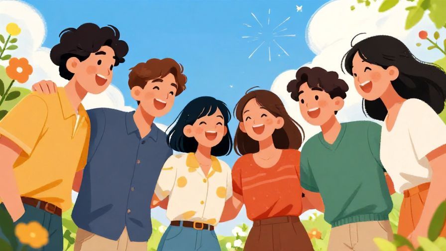 Illustration%20of%20a group%20of%20friends%20laughing%20together%20under%20a%20blue%20sky%20with%20sunlight%20and%20flowers%20around%2C%20vibrant%20colors%2C%20illustrated%20style