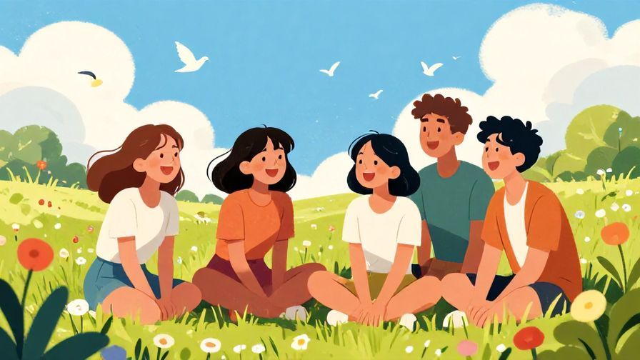 Illustration%20of%20a group%20of%20friends%20laughing%20together%20in%20a%20sunny%20field%20with%20flowers%20and%20birds%20around%2C%20vibrant%20colors%2C%20illustrated%20style