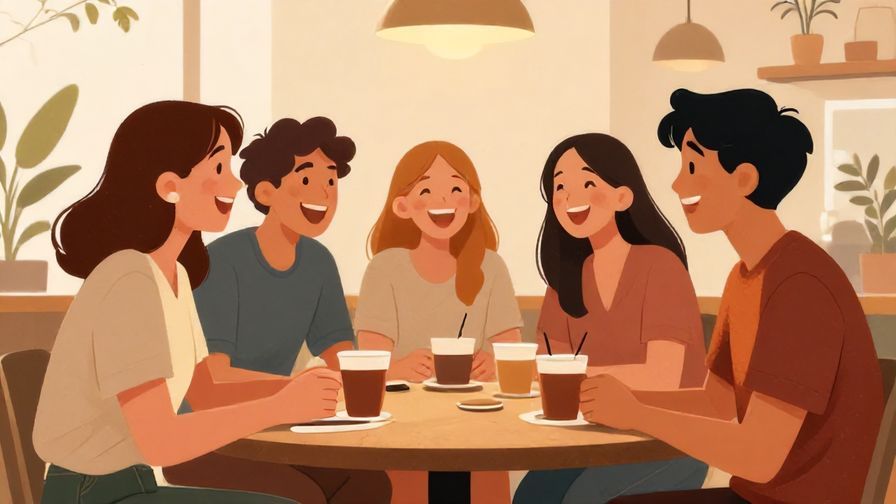 Illustration%20of%20a group%20of%20friends%20laughing%20and%20chatting%20around%20a%20table%20at%20a%20cafe%2C%20warm%20lighting%2C%20illustrated%20style