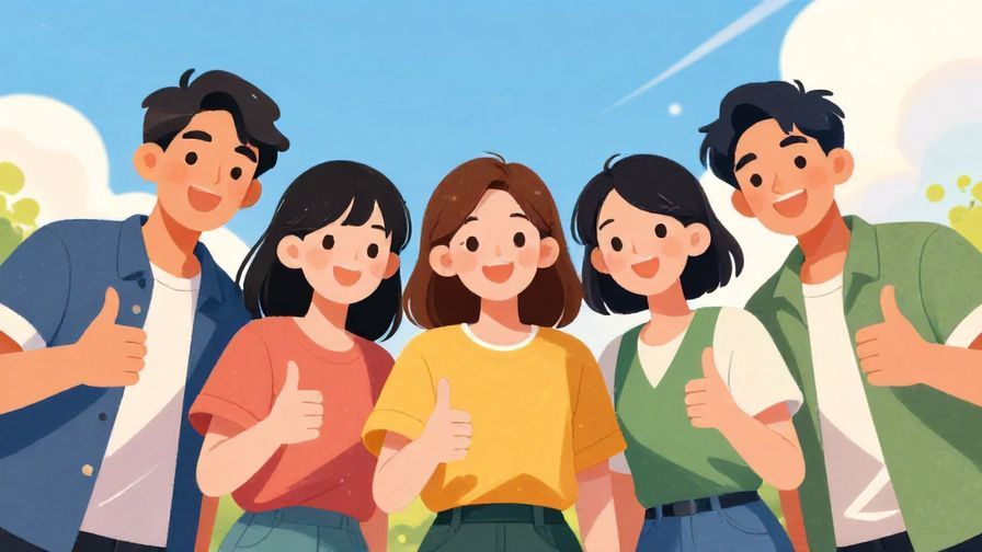 Illustration%20of%20a group%20of%20friends%20smiling%20and%20giving%20thumbs-up%20under%20a%20sunny%20sky%2C%20illustrated%20style%2C%20vibrant%20colors