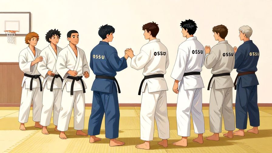 Illustration%20of%20a group%20of%20male%20friends%20greeting%20each%20other%20with%20“ossu”%20in%20a%20dojo%20or%20sports%20setting