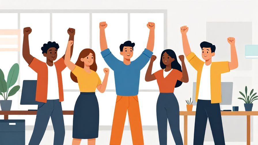 Illustration%20of%20a group%20of%20people%20cheering%20and%20collaborating%20in%20a%20bright%20office%2C%20vibrant%20colors%2C%20illustrated%20style
