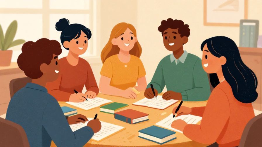 Illustration%20of%20a group%20of%20people%20smiling%20and%20discussing%20around%20a%20table%20with%20books%20and%20notes%2C%20warm%20lighting%2C%20vibrant%20colors%2C%20illustrated%20style