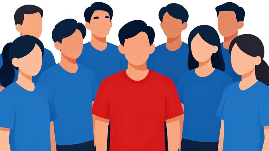 Illustration%20of%20a group%20of%20people%20wearing%20blue%20shirts%20with%20one%20person%20wearing%20a%20red%20shirt%2C%20everyone%20looking%20towards%20the%20red-shirt%20person%2C%20vivid%20colors%2C%20illustrated%20style