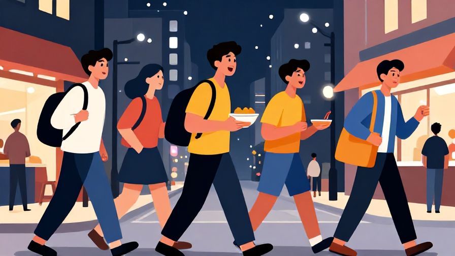 Illustration%20of%20a group%20of%20young%20men%20excitedly%20heading%20to%20eat%2C%20urban%20night%20scene%2C%20bold%20colors%2C%20illustrated%20style