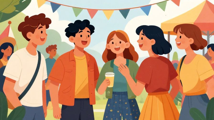 Illustration%20of%20a group%20of%20young%20people%20laughing%20and%20agreeing%20at%20a%20festival%2C%20vibrant%20colors%2C%20illustrated%20style