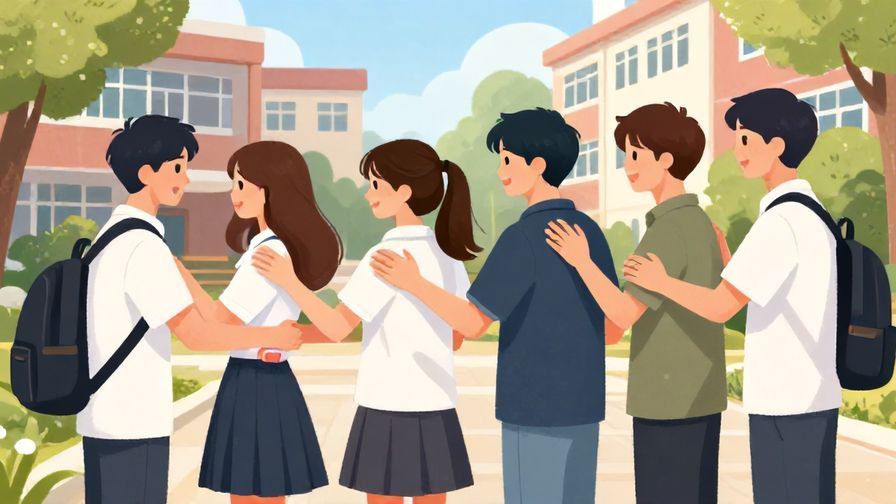 Illustration%20of%20a group%20of%20young%20people%20slapping%20backs%20and%20smiling%20outside%20a%20school%20yard%2C%20bright%20colors%2C%20casual%20style