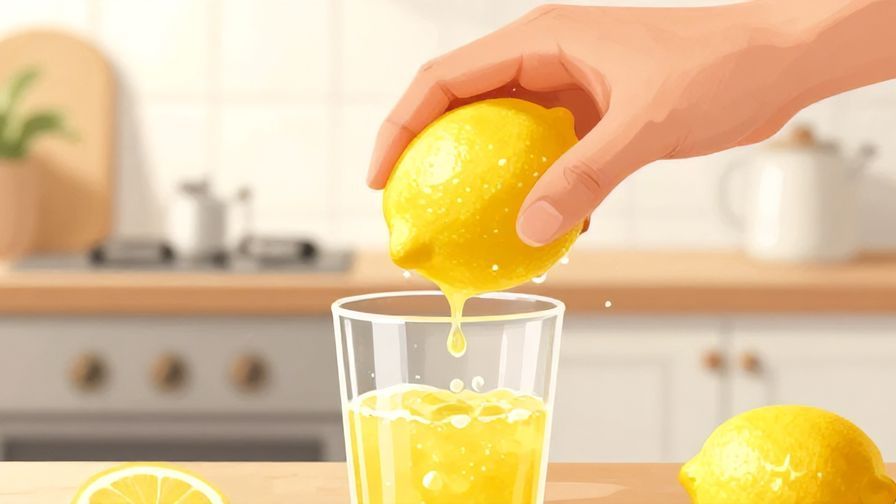 Illustration%20of%20a hand squeezing%20a bright%20lemon%20over%20a%20glass%20with%20juice%20droplets%20falling%20and%20a%20sunny%20kitchen%20background%2C%20vibrant%20colors%2C%20illustrated%20style