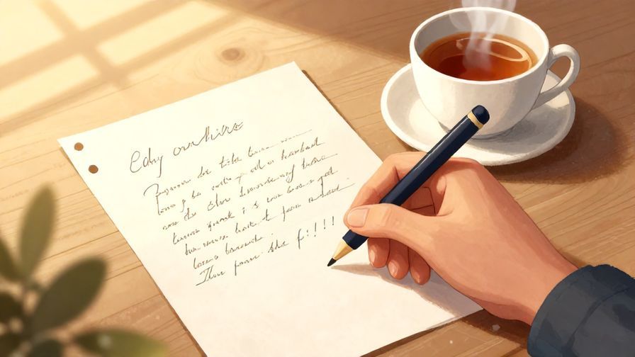 Illustration%20of%20a handwritten letter on a desk beside a steaming cup of tea, soft morning light, cozy atmosphere, illustrated style