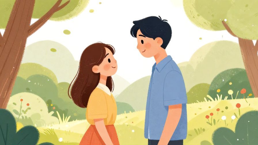 Illustration%20of%20a happy couple smiling at each other in a gentle garden setting, soft pastels