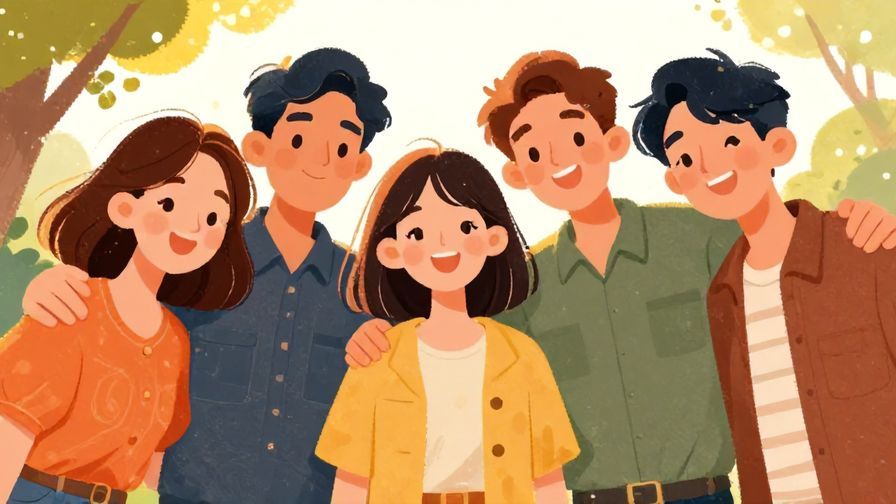 Illustration%20of%20a happy group smiling together outdoors under bright sunlight, warm and friendly colors, illustrated style