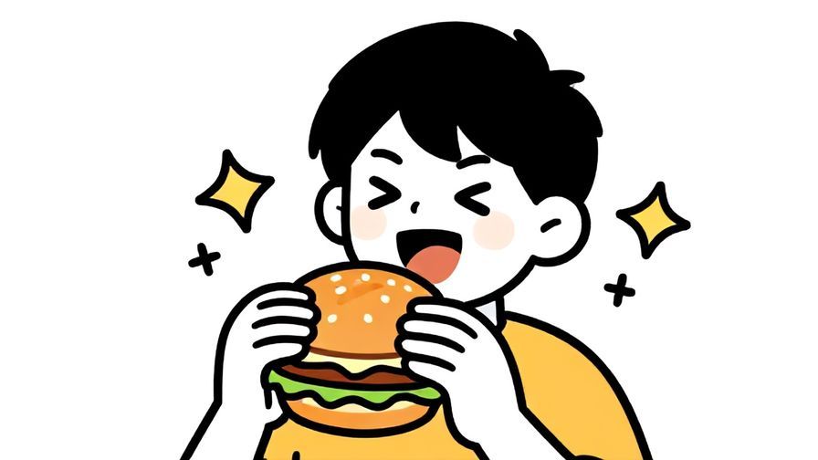 Illustration%20of%20a happy person enjoying a burger with animated stars surrounding their head, conveying excitement and satisfaction.