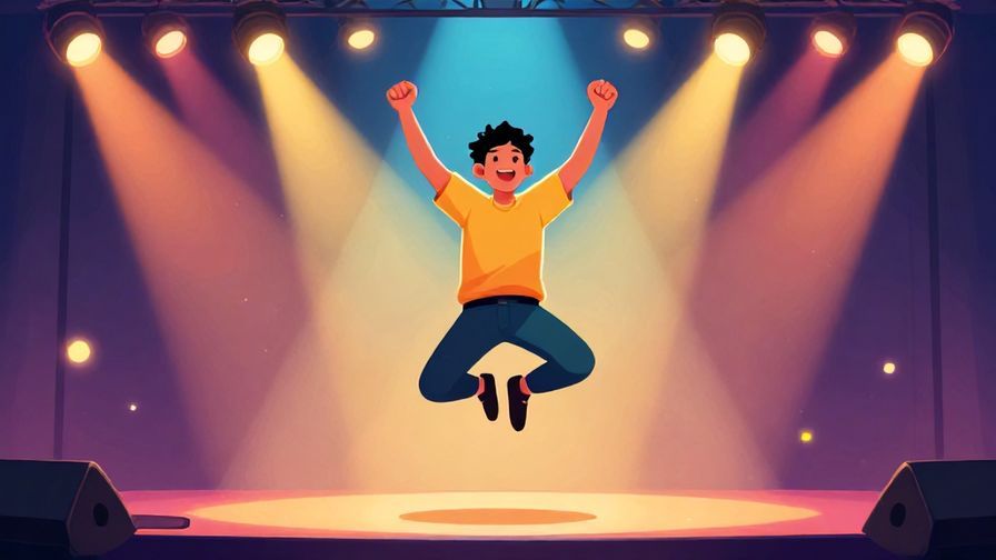 Illustration%20of%20a happy person jumping with joy on stage under bright lights, colorful and lively atmosphere