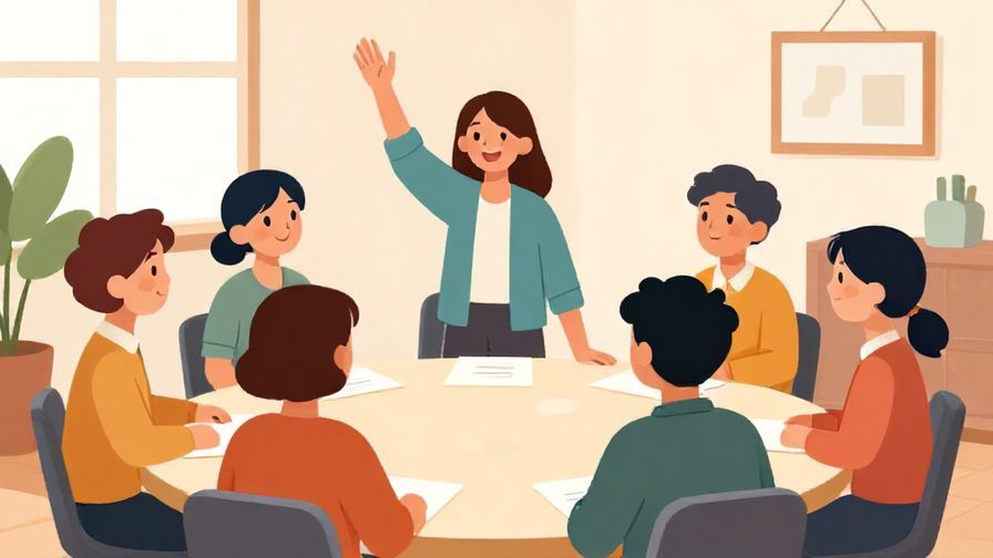 Illustration%20of%20a happy person raising their hand with confidence while others listen attentively%2C%20colorful%20meeting%20room%2C%20illustrated%20style