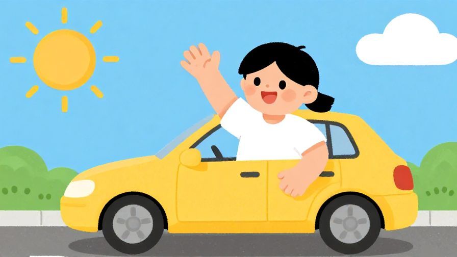 Illustration%20of%20a happy person starting their car journey, waving with bright sunshine and blue skies, cheerful mood, illustrated style