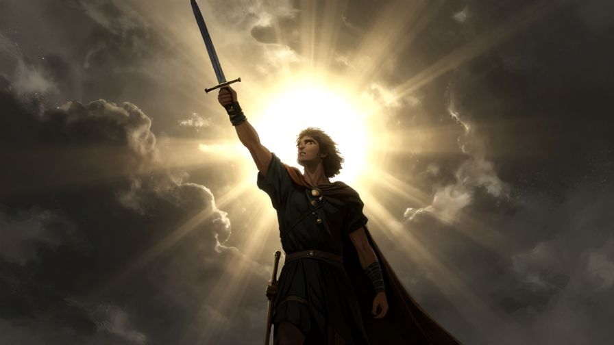 Illustration%20of%20a heroic figure standing in sunlight with a sword raised, symbolizing justice and righteous action, dramatic background