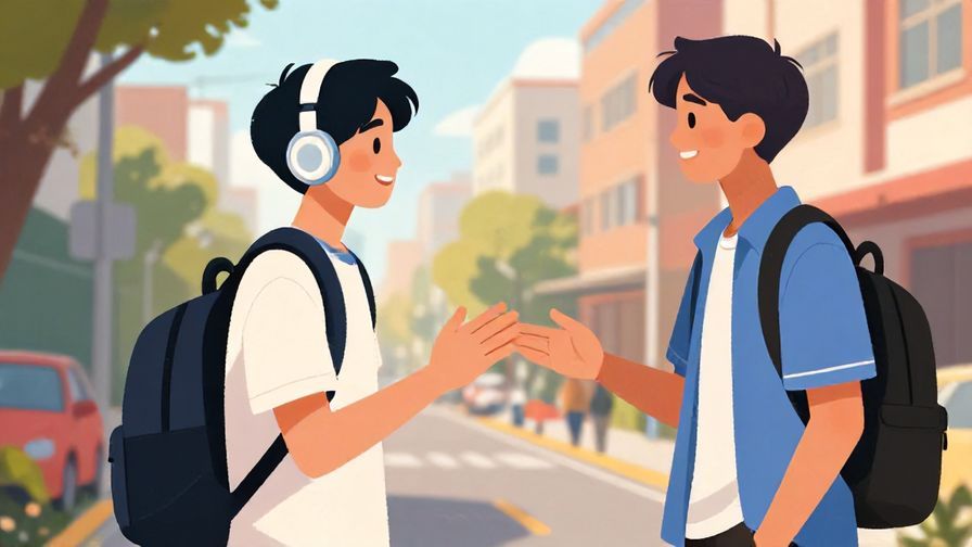 Illustration%20of%20a high school student with a backpack and headphones greeting a friend casually on a street at dawn.%20Youthful%20and%20vibrant%20colors%2C%20illustrated%20style